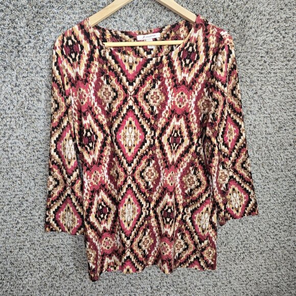 JM‎ Collection Top Womens Large Burgundy Jacquard Textured Blouse Stretch Ladies - Picture 1 of 7